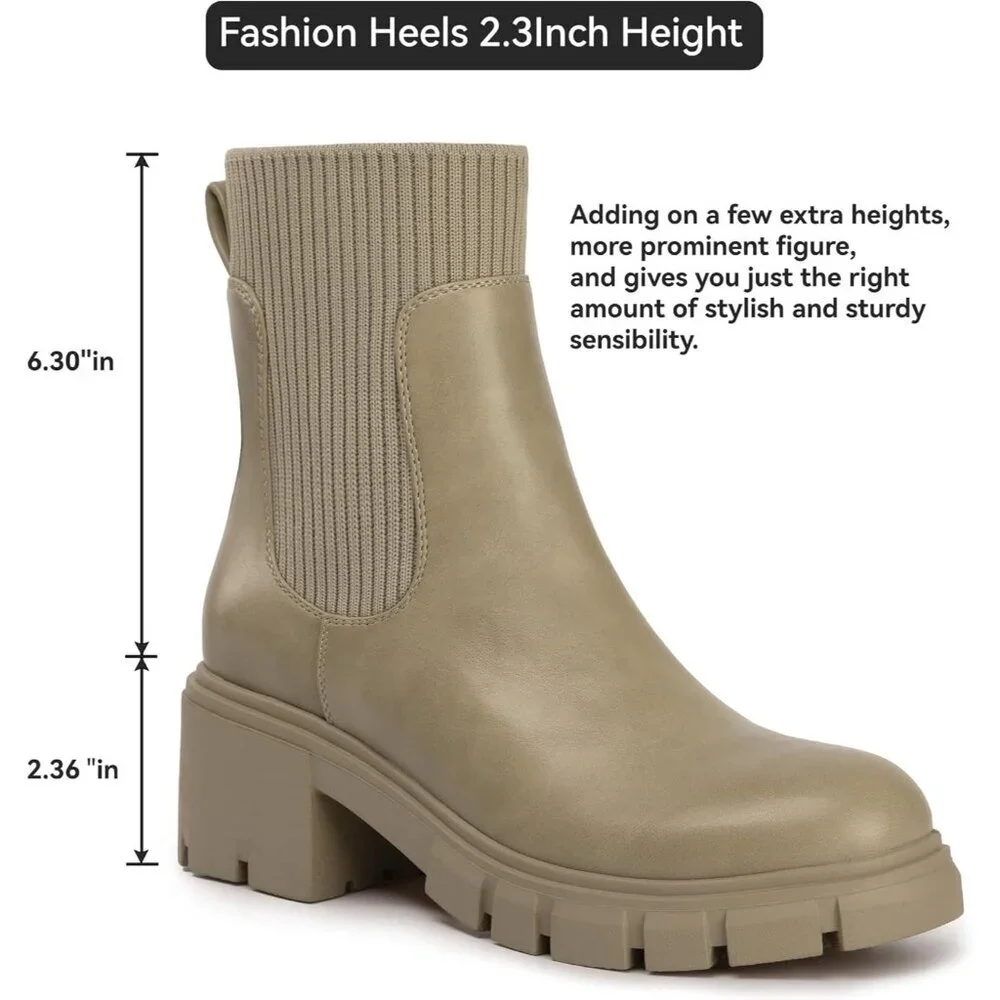 Women’s Taupe Platform Chelsea Boots Lug Sole Chunky Slip On Ankle Booties - Picture 5 of 6